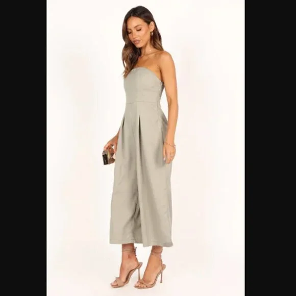 Petal & Pup Jonie Olive Green Strapless Wide Leg Cropped Jumpsuit XL - Picture 3 of 11